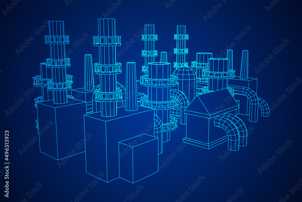 Industrial building factorie facilitie power plant with chimneys. Wireframe low poly mesh vector illustration.