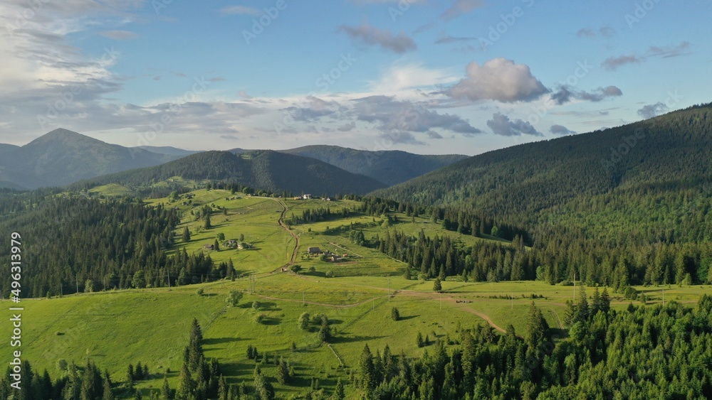Aerial view: Carpathian mountains in western Ukraine, mountain landscape