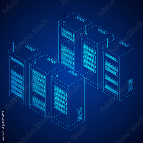 Data network server in cabinet. Diagnostic test in computer room technology communication computers and device concept. Wireframe low poly mesh vector illustration.