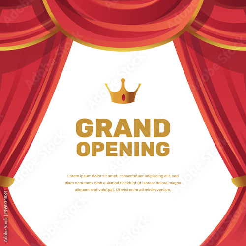 Grand opening poster with elegant cartoon drapery red curtain with golden crown