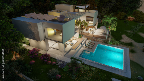 Eco luxury modern villa with pool at dusk