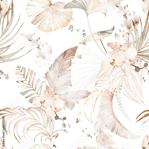 3D Fototapete Badezimmer - Fototapete seamless watercolor pattern with flower orchid, tropical  leaves, branches. Botanical tile, background.