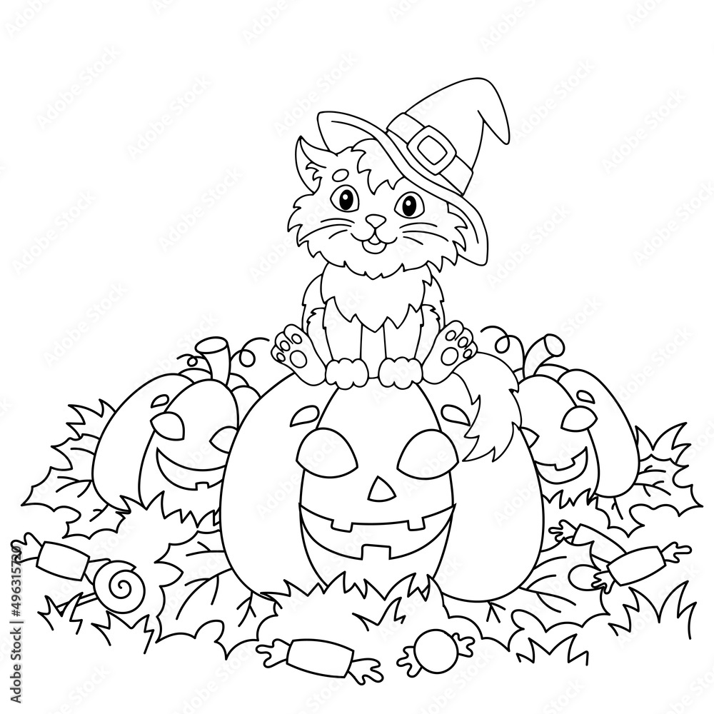A cat in a witch hat sits on a pumpkin. Halloween theme. Coloring book page for kids. Cartoon style. Vector illustration isolated on white background.