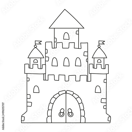 Fairytale castle. Coloring book page for kids. Cartoon style character. Vector illustration isolated on white background.