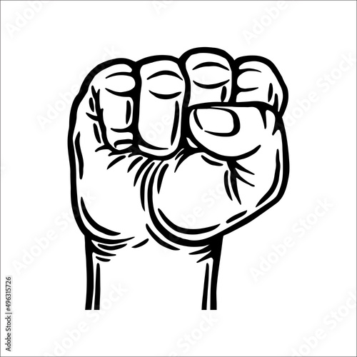 Male hand gestures. The hand is clenched into a fist. Outline contour. Design element. Vector illustration isolated on white background. Template for books, stickers, posters, cards, clothes.