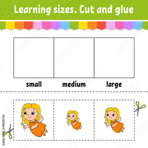 Learning sizes. Cut and glue. Easy level. Color activity worksheet. Game for children. Cartoon character. Vector illustration.