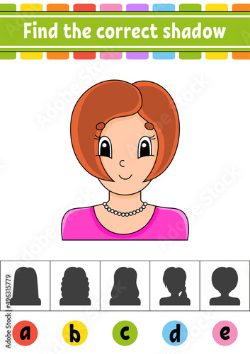 Find the correct shadow. Education developing worksheet. Activity page. Color game for children. Isolated vector illustration. Cartoon character.