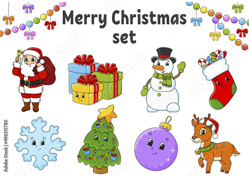 Set of stickers with cute cartoon characters. Christmas theme. Hand drawn. Colorful pack. Vector illustration. Patch badges collection. Label design elements. For daily planner  diary  organizer.