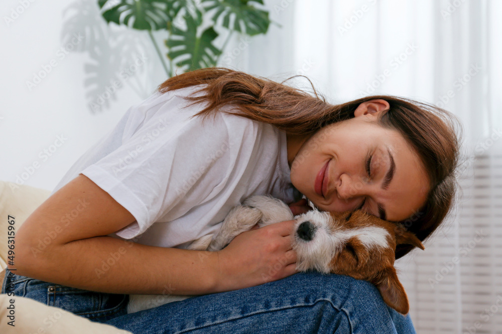 Portrait of young beautiful woman playing with her adorable four months old wire haired Jack Russel terrier puppy. Loving girl with rough coated pup having fun. Background, close up, copy space. Portrait of young beautiful woman playing with her adorable four months old wire haired Jack Russel terrier puppy. Loving girl with rough coated pup having fun. Background, close up, copy space.