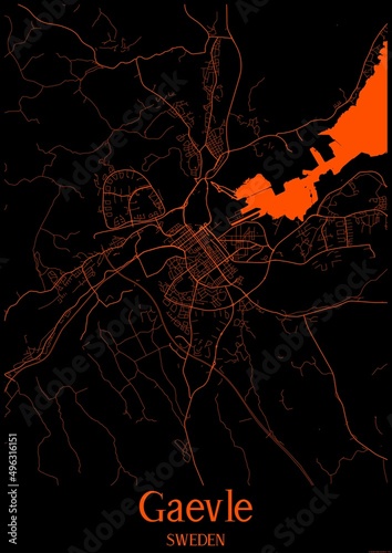 Black and orange halloween map of Gaevle Sweden.This map contains geographic lines for main and secondary roads. photo