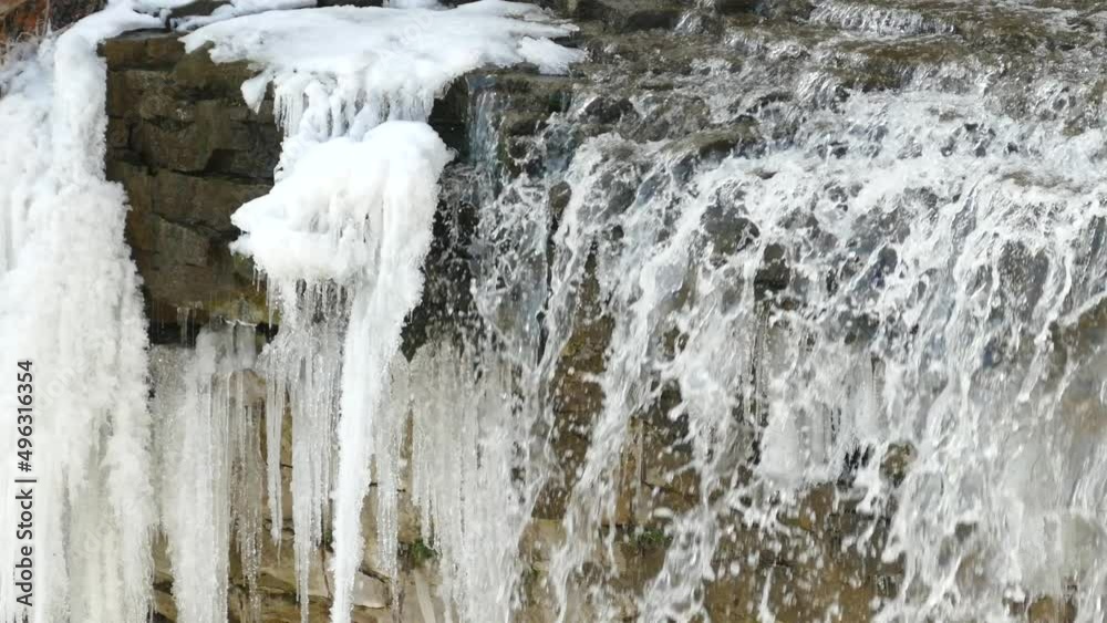 Flowing Water Cascading Over Water Past Ice At Niagara Escarpment. Slow Pan Right Flowing Water Cascading Over Water Past Ice At Niagara Escarpment. Slow Pan Right