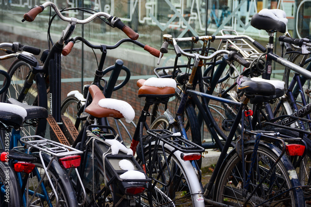 April 1, 2022 Leiden, Netherlands, Bicycles and the melting snow in the city