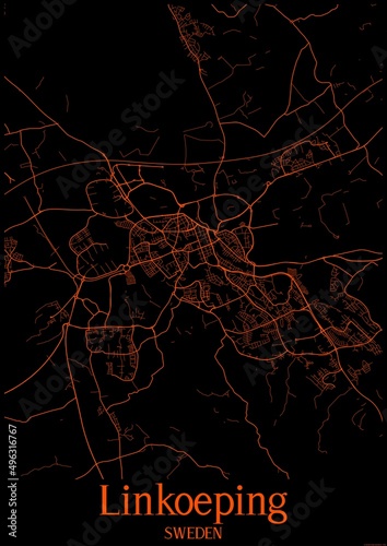 Black and orange halloween map of Linkoeping Sweden.This map contains geographic lines for main and secondary roads.