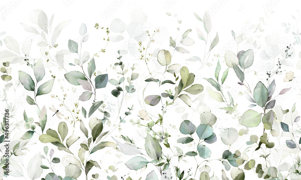 Set watercolor arrangements with garden herbs. Seamless border. Collection leaves, branches. Botanic illustration isolated on white background.