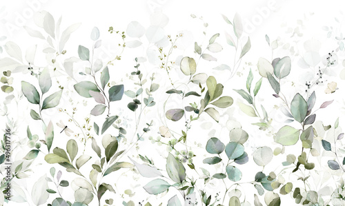 Set watercolor arrangements with garden herbs. Seamless border. Collection leaves, branches. Botanic illustration isolated on white background. © lisima