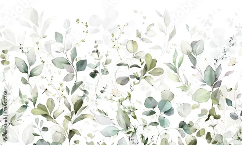 Obraz Set watercolor arrangements with garden herbs. Seamless border. Collection leaves, branches. Botanic illustration isolated on white background.