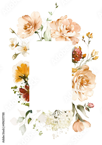 Watercolor invitation design with pink  yellow garden roses  peonies  leaves. frame  wreath with flowers  herbs. botanic Template