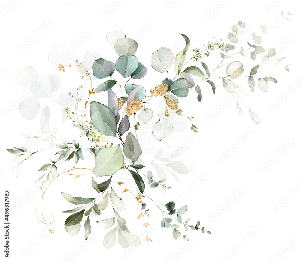 Set watercolor arrangements with garden herbs. collection leaves, branches. Botanic illustration isolated on white background.