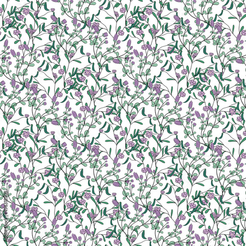 Hand drawn seamless pattern of blooming flowers and leaves. Floral colorful summer collection. Decorative doodle illustration for greeting card, wallpaper, wrapping paper, fabric, packaging