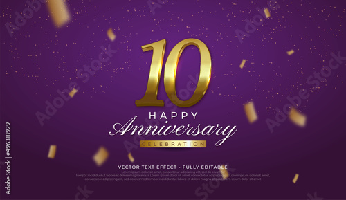 Anniversary celebration 10th with gold numbers, confetti, glitters and streamer ribbons on purple background