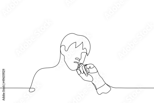 portrait of pensive man with hand near his face - one line drawing vector. concept of thoughtfulness, reflection, suspicion