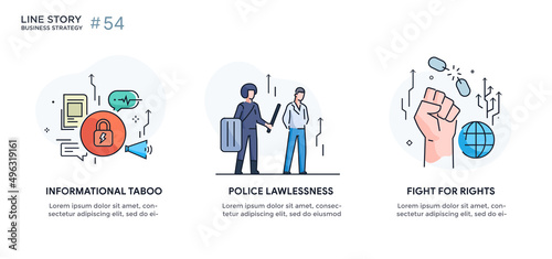 Set of illustrations icons propaganda, free media, protest, investigation