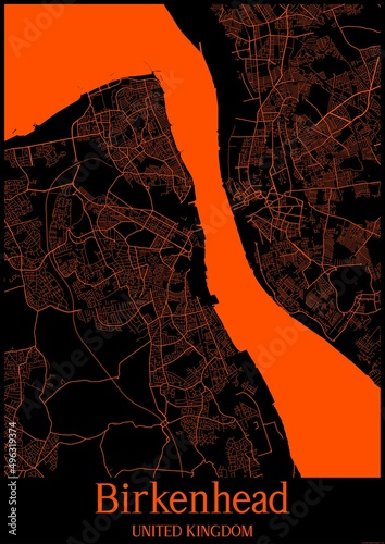 Black and orange halloween map of Birkenhead United Kingdom.This map contains geographic lines for main and secondary roads. photo