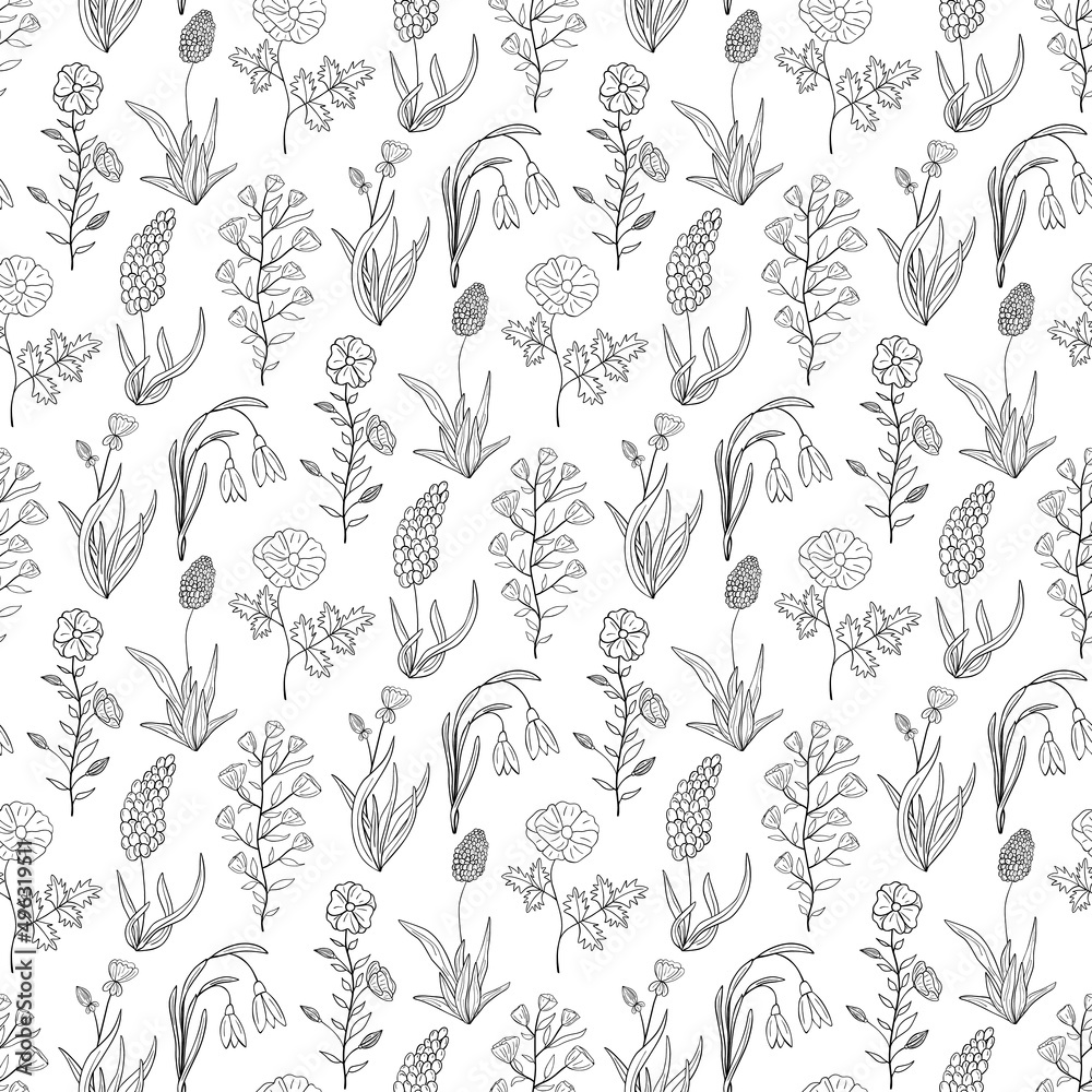 Hand drawn seamless pattern of blooming flowers and leaves. Floral summer collection. Decorative doodle illustration for greeting card, wallpaper, wrapping paper, fabric, packaging Hand drawn seamless pattern of blooming flowers and leaves. Floral summer collection. Decorative doodle illustration for greeting card, wallpaper, wrapping paper, fabric, packaging
