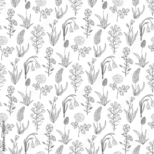 Hand drawn seamless pattern of blooming flowers and leaves. Floral summer collection. Decorative doodle illustration for greeting card, wallpaper, wrapping paper, fabric, packaging
