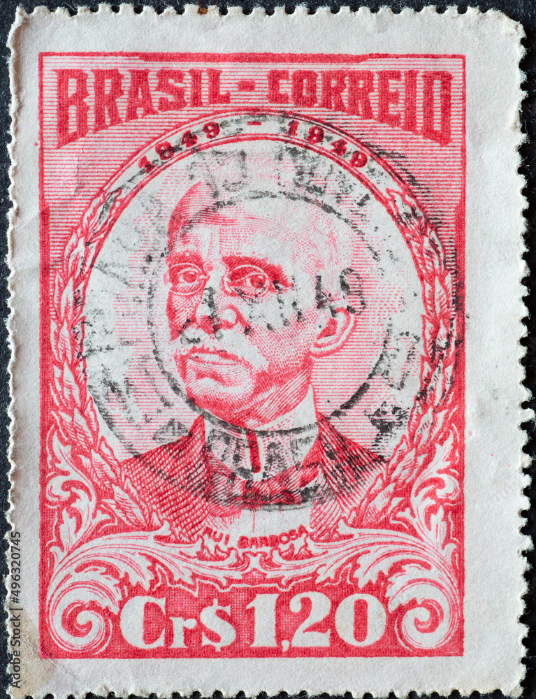 Brazil - circa 1949: a postage stamp from Brazil, showing a a portrait of the writer, jurist and politician Ruy (Rui) Barbosa. Centenary of the birth .