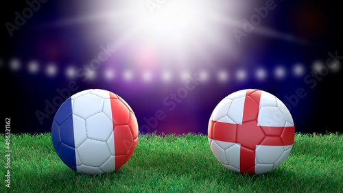Two soccer balls in flags colors on stadium blurred background. France and England. 3d image