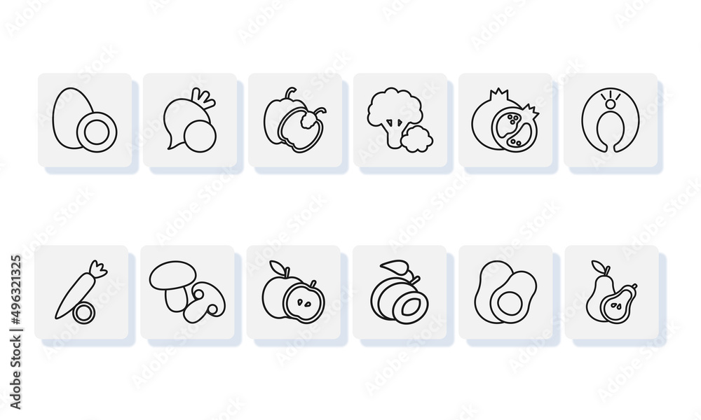 Buttons with food illustrations on white background. Healthy food icos set.