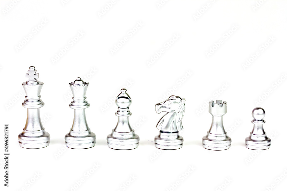 Set of silver chess figure isolated on white background. Chess is a game of war to fight with strategy between two players. Set of silver chess figure isolated on white background. Chess is a game of war to fight with strategy between two players.
