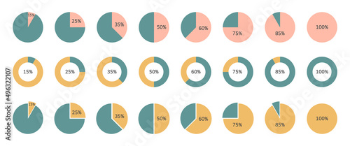 Pie chart percentage color set. Circle graph statistic diagram. Segment infographic. 25,50,60,75 slice element. Data information. Finance document presentation. Management report. Vector illustration