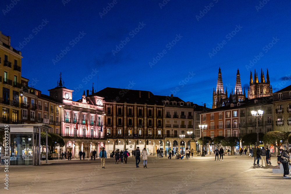 views of the main square of Burgos with people and tourists walking through its streets in Burgos, Spain
