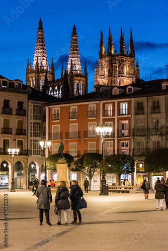 views of the main square of Burgos with people and tourists walking through its streets in Burgos, Spain