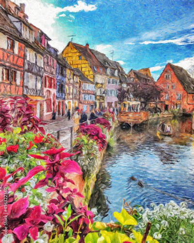 Fototapeta Naklejka Na Ścianę i Meble -  Colorful painting modern artistic artwork, real brush strokes, drawing in oil European famous old street view, beautiful old vintage houses, design print for canvas or paper poster, touristic product