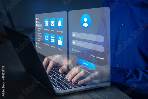 Secure online access with password and login page to manage personal profile account. Secured connection and data security on internet. Cybersecurity and sign in form. User working on laptop computer.