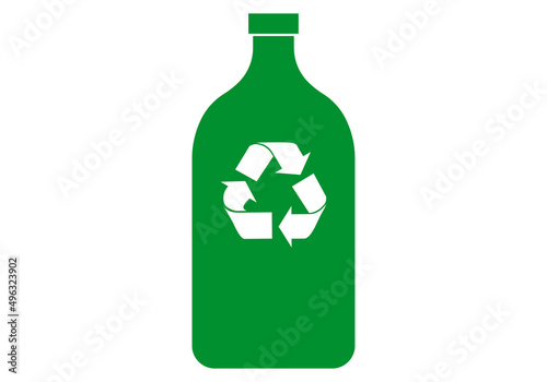 Icono verde de botella con icono de reciclaje. 