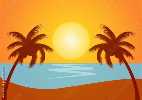 Paisaje de playa con palmera en verano al atardecer. 
