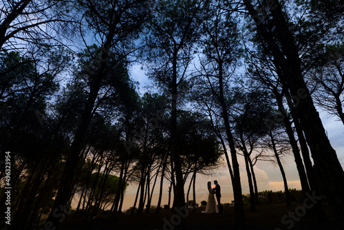 coppia di sposi che si abbracciano in silhouette immersi in un bosco
