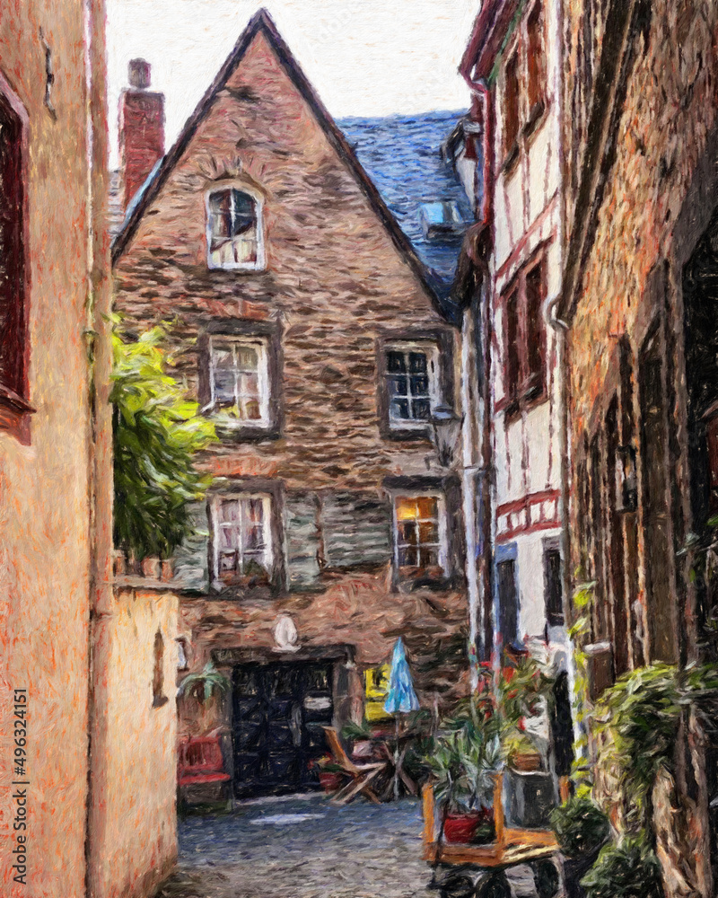 Colorful painting modern artistic artwork, real brush strokes, drawing in oil European famous old street view, beautiful old vintage houses, design print for canvas or paper poster, touristic product