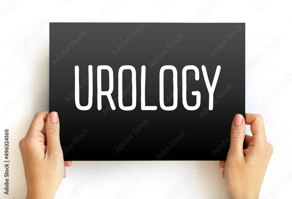 Urology - part of health care that deals with diseases of the male and female urinary tract, text concept on card