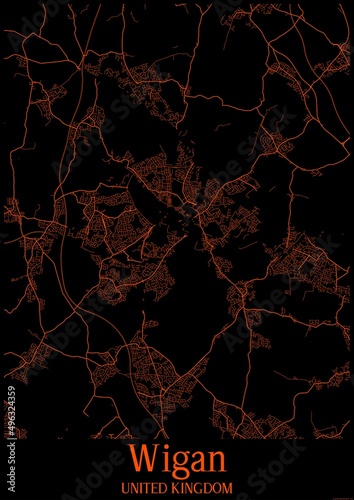 Black and orange halloween map of Wigan United Kingdom.This map contains geographic lines for main and secondary roads. photo