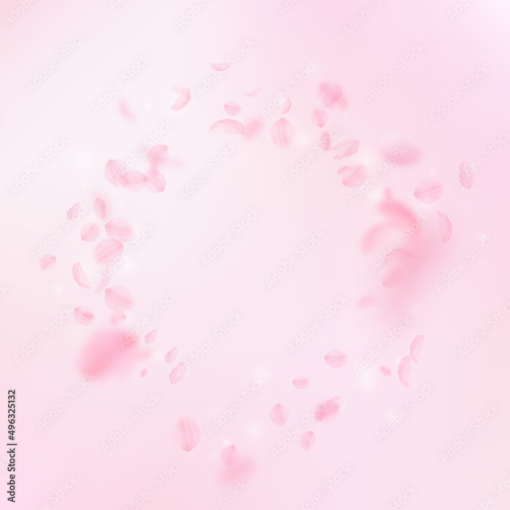 Sakura petals falling down. Romantic pink flowers vignette. Flying petals on pink square background. Love, romance concept. Fancy wedding invitation.