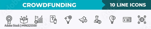 crowdfunding outline icons collection. thin line web icons set. reward, packaging, ipo, pledge, creator stock vector