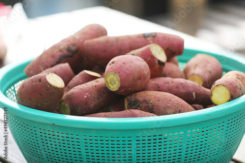 Sweet potatoes processed for roasted sweet potatoes photo