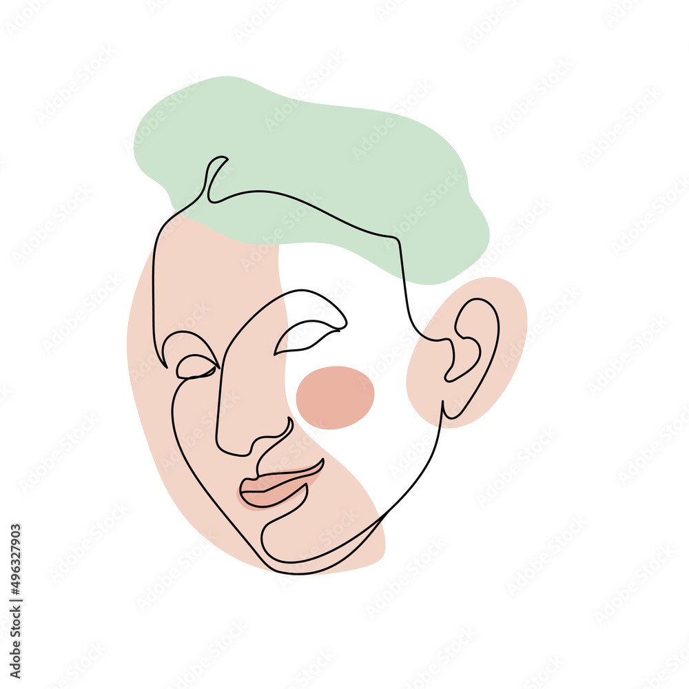 Female face single line drawing and pastel abstract shapes composition. Portrait of young beautiful girl line art.