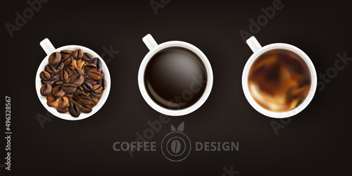 Coffee cups set. Cups with coffee beans, classic coffee and cappuccino
