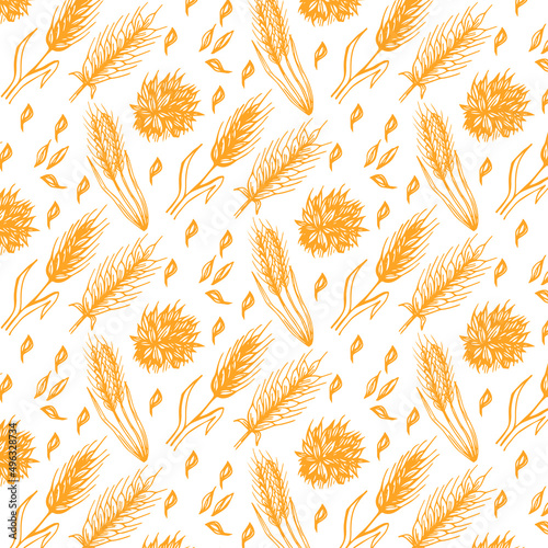 Vector seamless pattern illustration of ears of wheat. Whole grain, natural, organic background for baked goods, baked goods. 